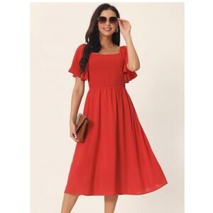 Seta T Dress Womens Size XL Red Smocked Short Sleeve Midi Square Neck Pockets S4
